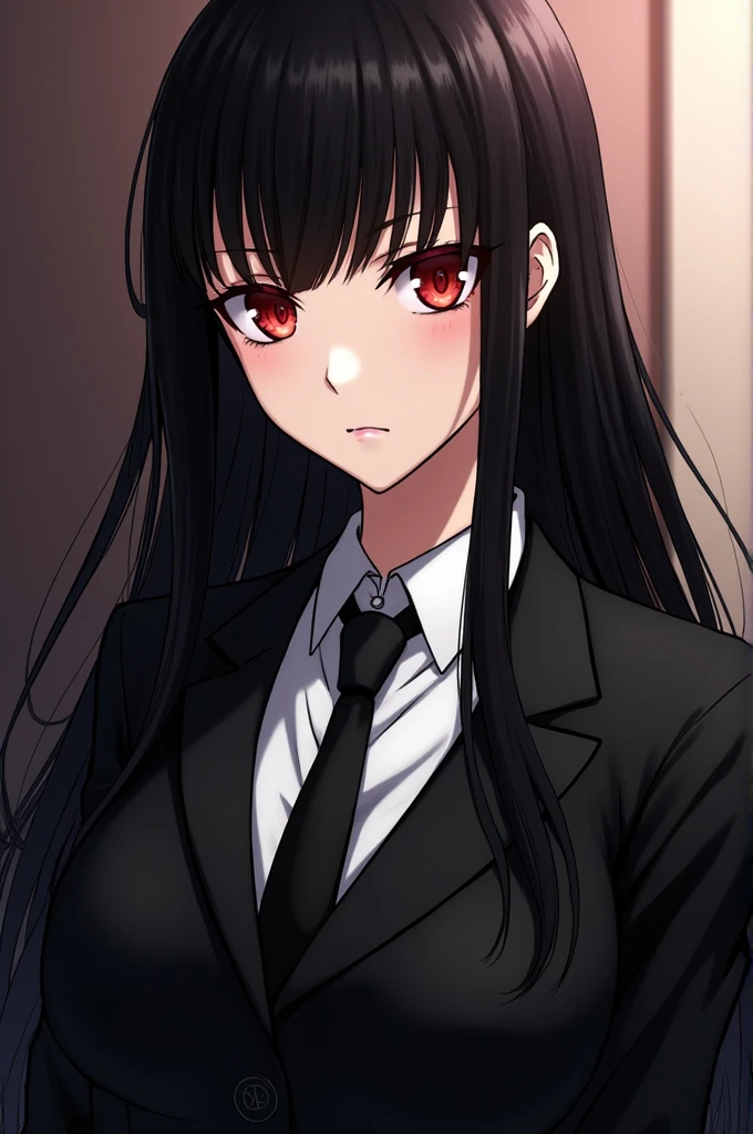 Makima from "Chainsaw Man" has a sleek, sophisticated look. She has long, straight, dark hair, often styled to fall around her shoulders. Her eyes are a striking red, and she wears a fitted black suit with a white shirt and a black tie. Her appearance exudes authority and control, with an often calm, composed demeanor.