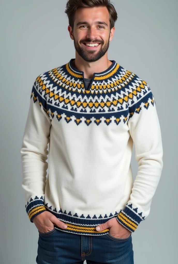 make a white nordic themed sweden shirt with blue and yellow details