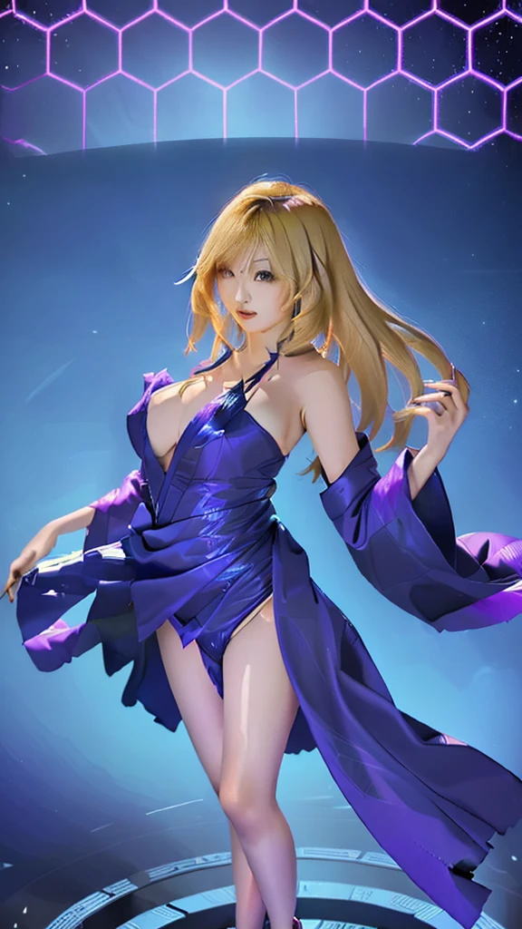 Design a dynamic and vibrant scene featuring a powerful female character standing confidently at the center. She has long, flowing blonde hair with pink tips, and her expression is fierce and determined. The character is dressed in a black, form-fitting dress with a white robe draped over her shoulders, which flutters in the wind. She stands on a futuristic platform adorned with glowing circuits and gears. Behind her, large, black wings with streaks of blue and purple energy spread wide, creating an aura of power. The background features a cosmic, hexagonal grid pattern with vibrant shades of blue, purple, and white, giving the scene a sense of otherworldly energy. The overall color palette should emphasize bright, electric colors with contrasts of dark and light tones.