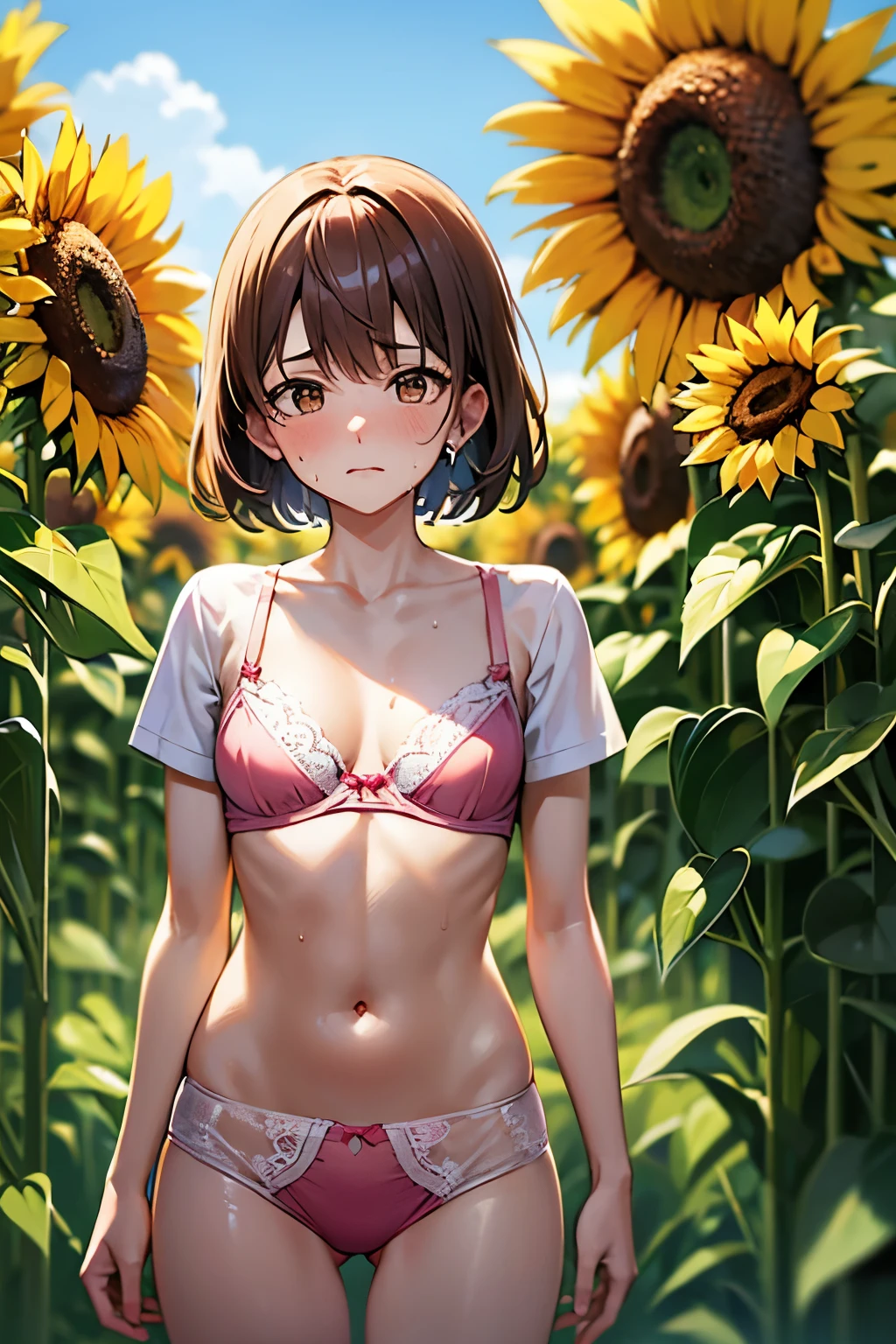 masterpiece, Highest quality, superior_Mikoto, Brown eyes, short_hair, small_chest,) Random Pause White shirt Sunflower field Random View sweating Sheer pink bra Embarrassed face