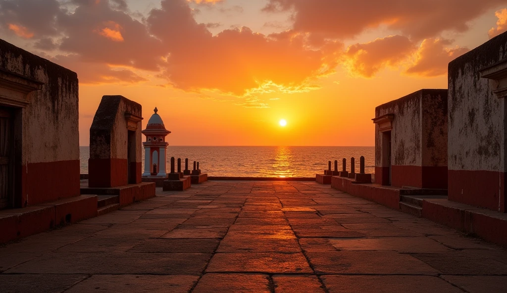 Generate photos of sunsets casting a warm glow on the ancient ruins of Panjim .Generate a photo illustrating the vibrant and intricate rituals during the festival of [festival name]. | Create a photo showcasing the atmosphere of goa