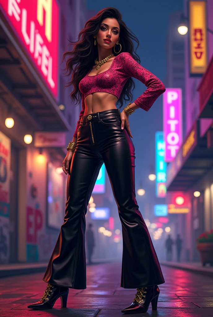 (obra de arte),(melhor qualidade), ilustração, (fantasia:1.4), A woman in a reggaeton-inspired outfit: a fitted crop top with bold patterns, high-waisted leather pants, and heeled ankle boots. She accessorizes with chunky gold jewelry, including a statement necklace and hoop earrings. Her pose is confident and sensual, with one hand on her hip and a slight, playful smile. The background features a vibrant urban scene with neon lights, graffiti, and a lively cityscape at night, adding to the energetic and edgy atmosphere. Super Detalhe, preciso, melhor qualidade, Ultra HD, Pele texturizada, vestido longo,