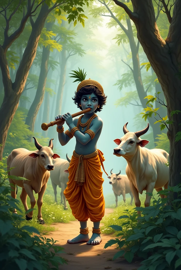 A Krishna playing flute in the jungle with the friends and grazing there cows