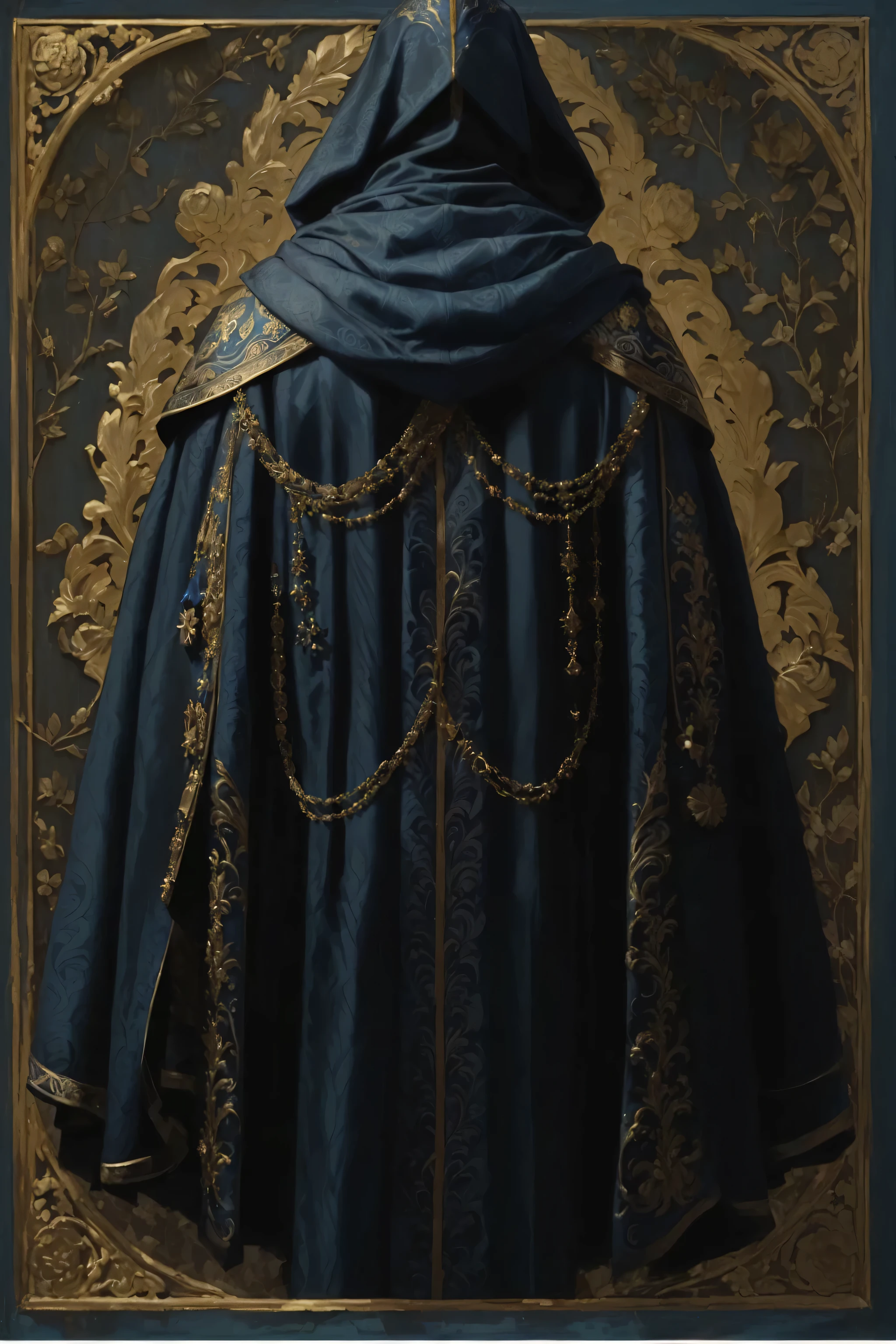 a close up of a person wearing a blue capa and a hood, capa. detalhes extremamente altos, wearing a luxurious royal capa, manto. detalhes extremamente altos, ornate capa, dark ornate royal mantos, in dark mantos with gold accents, wearing a luxurious capa, wearing gilded mantos, mantod, aristocrat capa, wearing a luxurious silk capa, ornate mantos