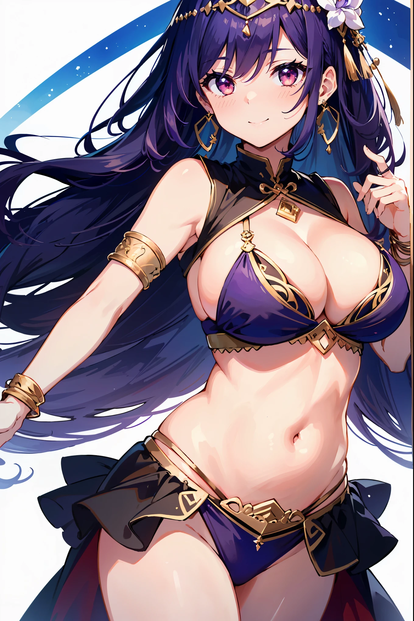 high quality, ultra detailed, best quality, insanely detailed, beautiful, masterpiece, 1girl, belly dancer, white background, red eyes, long hair, purple hair, harem outfit, bikini, pelvic curtain, purple costume, circlet, earrings, armlets, bracelets, bashful smile, dancing, large breasts, cleavage, soft stomach