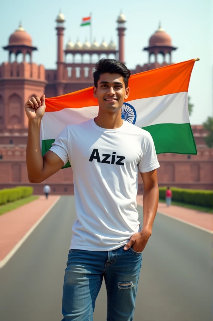 Generate a Realistic 20 years old boy, Wearing White T shirt blue jeans sneakers and the name "Aziz" is written on his t-shirt and the boy is standing on the road with holding a national flag of India, and behind him is the Red Fort Delhi. And written