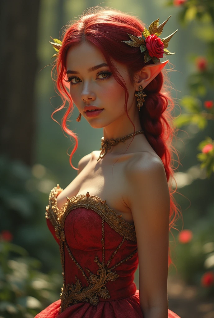 girl , elf, hair rose, withe dress