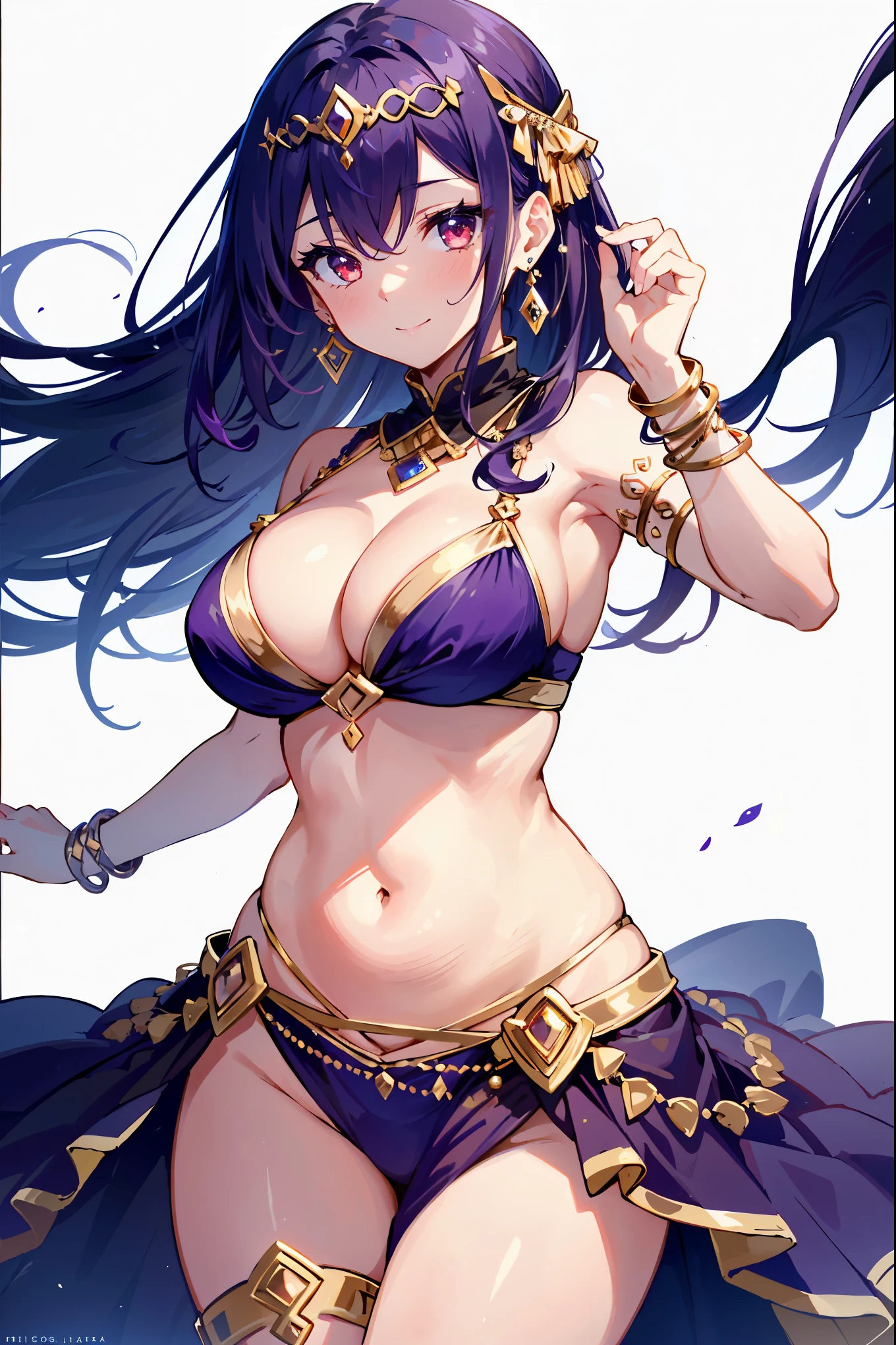 high quality, ultra detailed, best quality, insanely detailed, beautiful, masterpiece, 1girl, belly dancer, white background, red eyes, long hair, purple hair, harem outfit, bikini, pelvic curtain, purple costume, circlet, earrings, armlets, bracelets, bashful smile, dancing, large breasts, cleavage, soft stomach