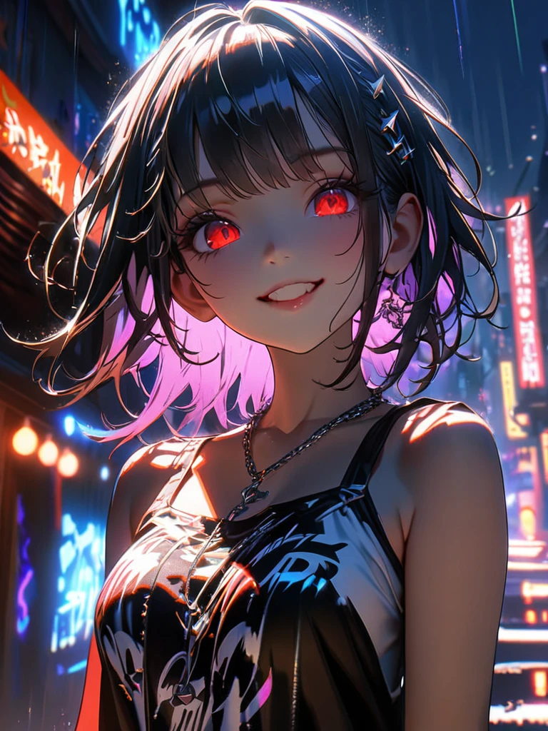 1 girl, chromatic aberration, Written boundary depth, Soft Light, masterpiece, Highest quality, complicated, Tone Mapping, A place where fireworks are set off at festivals. Concept Art, Smooth, Clear focus, Dramatic lighting, Very cinematic, super practical painting, アートステーション's trending, 8k, Incredible Shadows, practical, whole body, View, Viewers, Portrait of a Girl 1, standing on street corner, Heavy rain and lightning、Dark Sky, neon and cyber punk background, she is dressed in punk clothing with silver chains and silver spikes, Her hair was dyed a bright black color..........Ominous aura of light, smile, punk, ciber punk, Backlight.Fashionable clothes、Friendly dress code:The white camisole is very stylish..My breasts are a little big.Beautiful red eyes