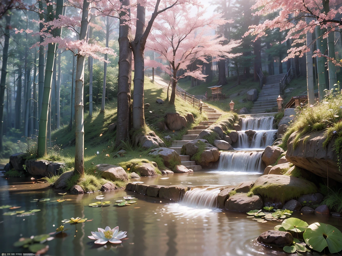 (Beautiful ancient Chinese architecture, moonlight twinkling, lakes at night, shaded by bamboo forests, stone bridge arches, gurgling water, rockery stone paths, blooming water lilies, hot spring water vapor, auspicious moonlight illustration: 1.0), epic composition, super details Realistic, highly realistic lighting, best wallpaper quality, masterpiece. (very detailed CG unity 8k wallpaper) . 