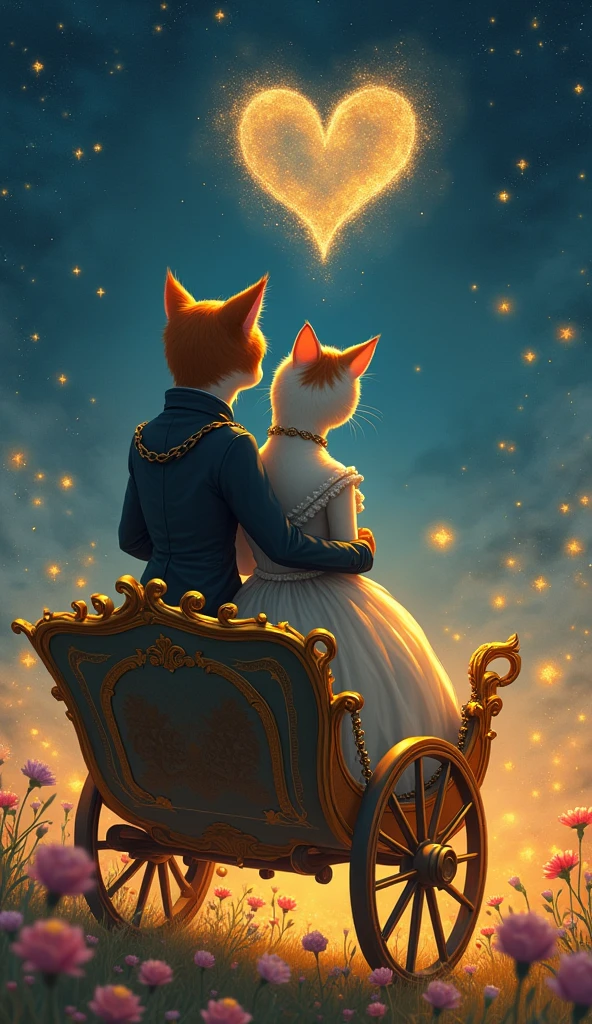 Scene 7: The Enchanted Carriage Ride
Title: A Bold Journey of Love
Description: The boy cat and the bold lady cat step into a golden carriage, their contrasting sizes creating a captivating and romantic visual. His protective arm wraps around her small but strong figure. As they ride through fields of glowing flowers, the stars above form a heart, symbolizing their deepening connection. The lady cat’s curvaceous figure, highlighted by her elegant gown, adds both strength and allure to the scene, making it enchanting and deeply romantic.