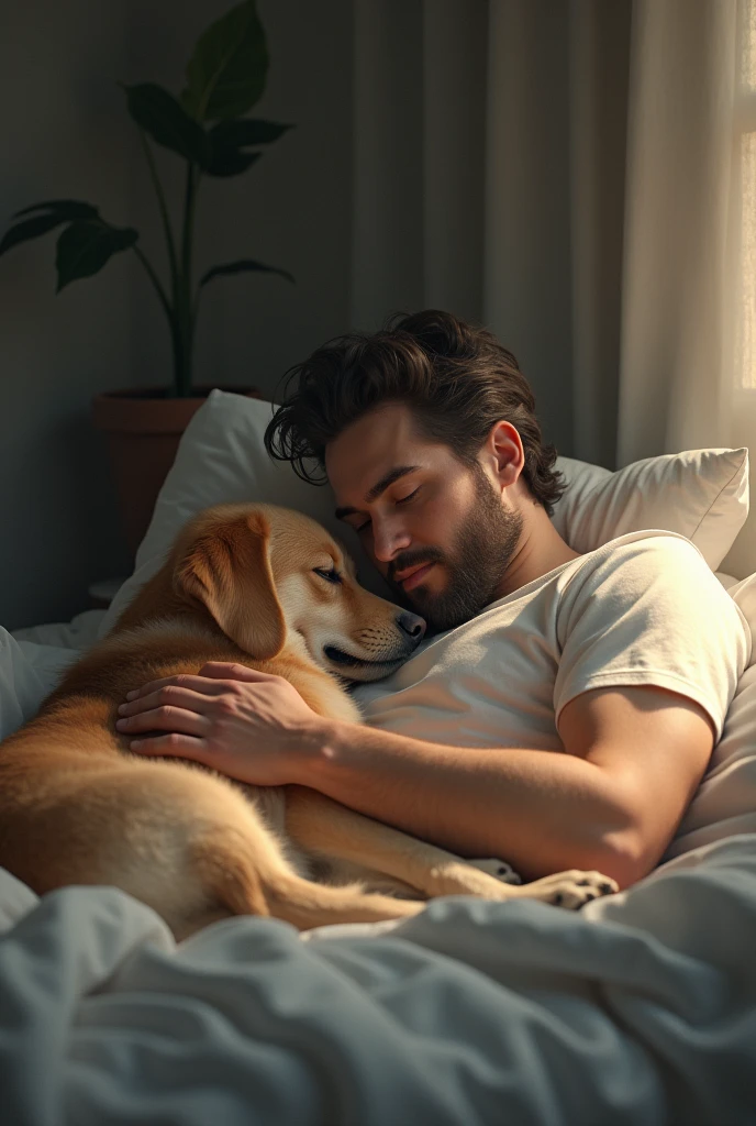 The dog and the man were lying on the bed