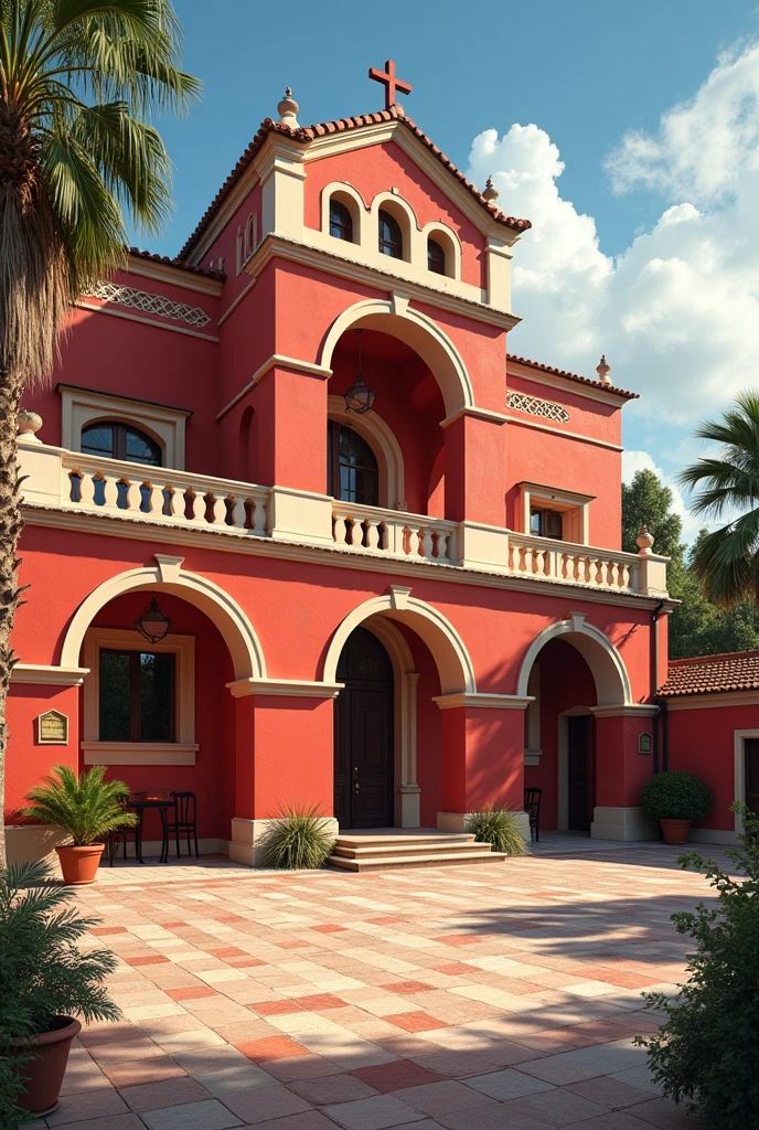 (photorealism:1.2), A two-story red and cream school in Peru with a large patio and on the front page it says ie Turicarami 14799