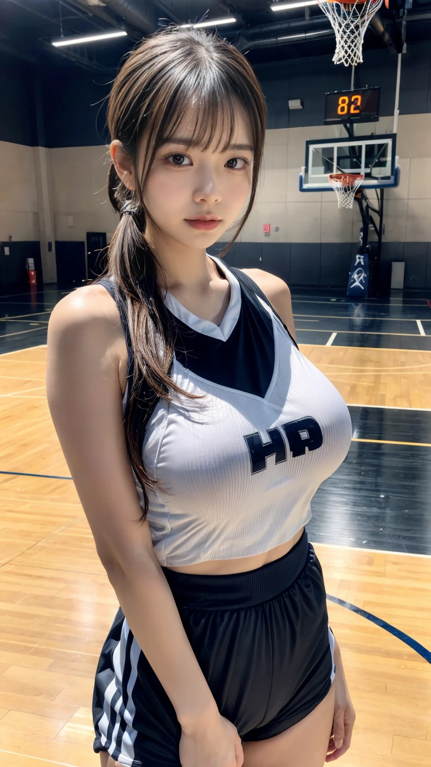 (8K, RAW Photos, Highest quality, masterpiece:1.2), masterpiece, super detailed, super high quality, (Realistic and photorealistic photography:1. 37), High-resolution RAW color photos, Very delicate and beautiful, highly detailed, 8k wallpaper, wonderful, detailed, Very eye, very detailed, very detailed skin, very thin fingers, very detailed nose, very detailed mouth, Perfect Anatomy, BREAK,18 year old girl, ponytail, huge breasts, colossal tits, very huge round breasts, (perfect body shape:1.1), Big Natural Color Lip, cute type, ta, (Details High quality, realistic depiction of eyes:1.3), Beautiful makeup, glitter makeup, BREAK, (basketball sportswear, sporty short pants:1.2), hair band, play basketball, BREAK, (gymnasium:1.2), bold sexy pose, hposing Gravure Idol, full body photo