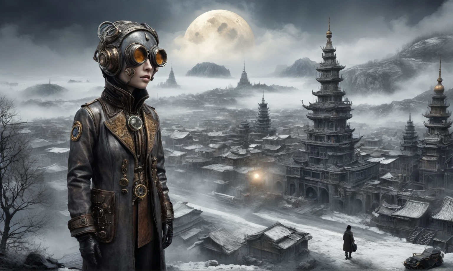 insane pilot from USSR ,pinhead, camouflage Rusty, Ambient in a meteorite ,graphite witch after a psychiatric clinic,winter,intricate landscape,slate grey atmosphere,film grain,faded,eyes extremely detailed,another world,ring of truth,view from height,once pretty face,eyebrow up,full body shot,ominous landscape, Simon Stalenhag,Nicola Samori,full body shot,beggar paladium The Alien Entity,Technicolor,natural skin textures, hyper realism, hyper detailed,Extremely detailed,High contrast,Masterpiece,Realistic,Ultra Detailed, intricate details,realistic humid leather,extremly intricate,Epic Realistic, cinematic style,irina yermolova,high contrast,hdr,extremely detailed, deep night landscape,masterpiece,intricate details,faded,eyes extremely detailed, high detailed eyes,8k resolution,RAW,retina, Nikon Z9,China,Guangxi Zhuang of China,tkt style,ears perfect, transition between two art styles, Ink painting to photorealism, Double contact, X-ray, Creative, vivid light, masterpiece, fantasy, Abstract Surrealism, super detailed, high resolution, stop:35;Her skin is pale, almost translucent,ancient rock,a hot air soars through the layers of clouds, revealing a colossal and enigmatic cityscape nestled within. The buildings in this ethereal city are adorned with intricate details and exude an aura of mystery. Above the cityscape, lend an enchanting touch to the scene. steampunk. The intricate mechanics create a sense of wonder and fascination, as if stepping into a dreamlike realism