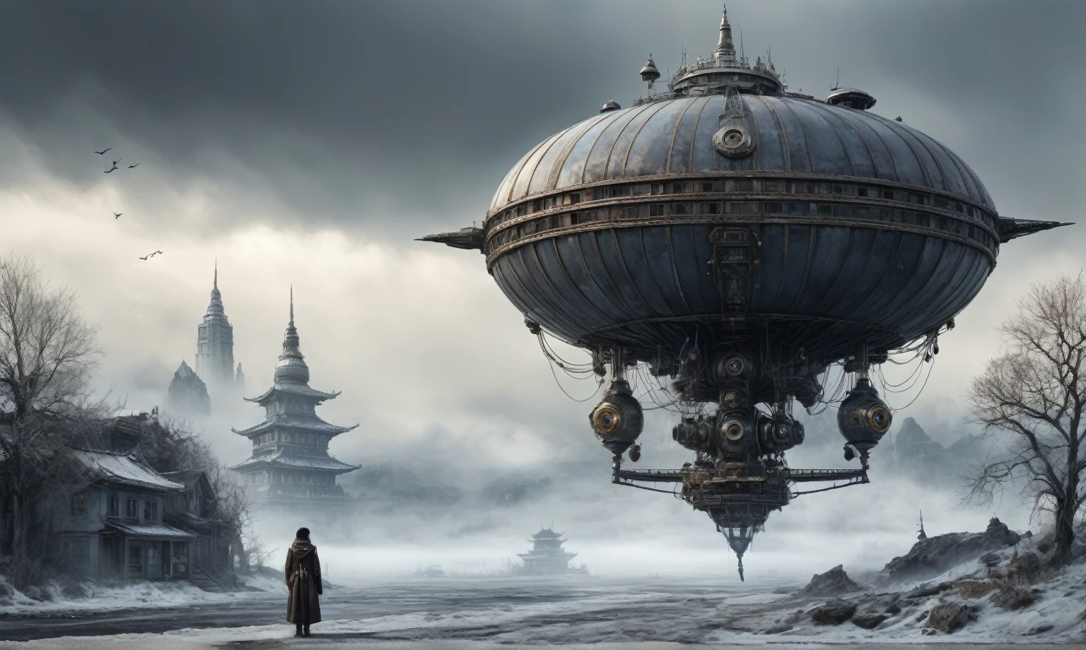 insane pilot from USSR ,pinhead, camouflage Rusty, Ambient in a meteorite ,graphite witch after a psychiatric clinic,winter,intricate landscape,slate grey atmosphere,film grain,faded,eyes extremely detailed,another world,ring of truth,view from height,once pretty face,eyebrow up,full body shot,ominous landscape, Simon Stalenhag,Nicola Samori,full body shot,beggar paladium The Alien Entity,Technicolor,natural skin textures, hyper realism, hyper detailed,Extremely detailed,High contrast,Masterpiece,Realistic,Ultra Detailed, intricate details,realistic humid leather,extremly intricate,Epic Realistic, cinematic style,irina yermolova,high contrast,hdr,extremely detailed, deep night landscape,masterpiece,intricate details,faded,eyes extremely detailed, high detailed eyes,8k resolution,RAW,retina, Nikon Z9,China,Guangxi Zhuang of China,tkt style,ears perfect, transition between two art styles, Ink painting to photorealism, Double contact, X-ray, Creative, vivid light, masterpiece, fantasy, Abstract Surrealism, super detailed, high resolution, stop:35;Her skin is pale, almost translucent,ancient rock,a hot air soars through the layers of clouds, revealing a colossal and enigmatic cityscape nestled within. The buildings in this ethereal city are adorned with intricate details and exude an aura of mystery. Above the cityscape, lend an enchanting touch to the scene. steampunk. The intricate mechanics create a sense of wonder and fascination, as if stepping into a dreamlike realism