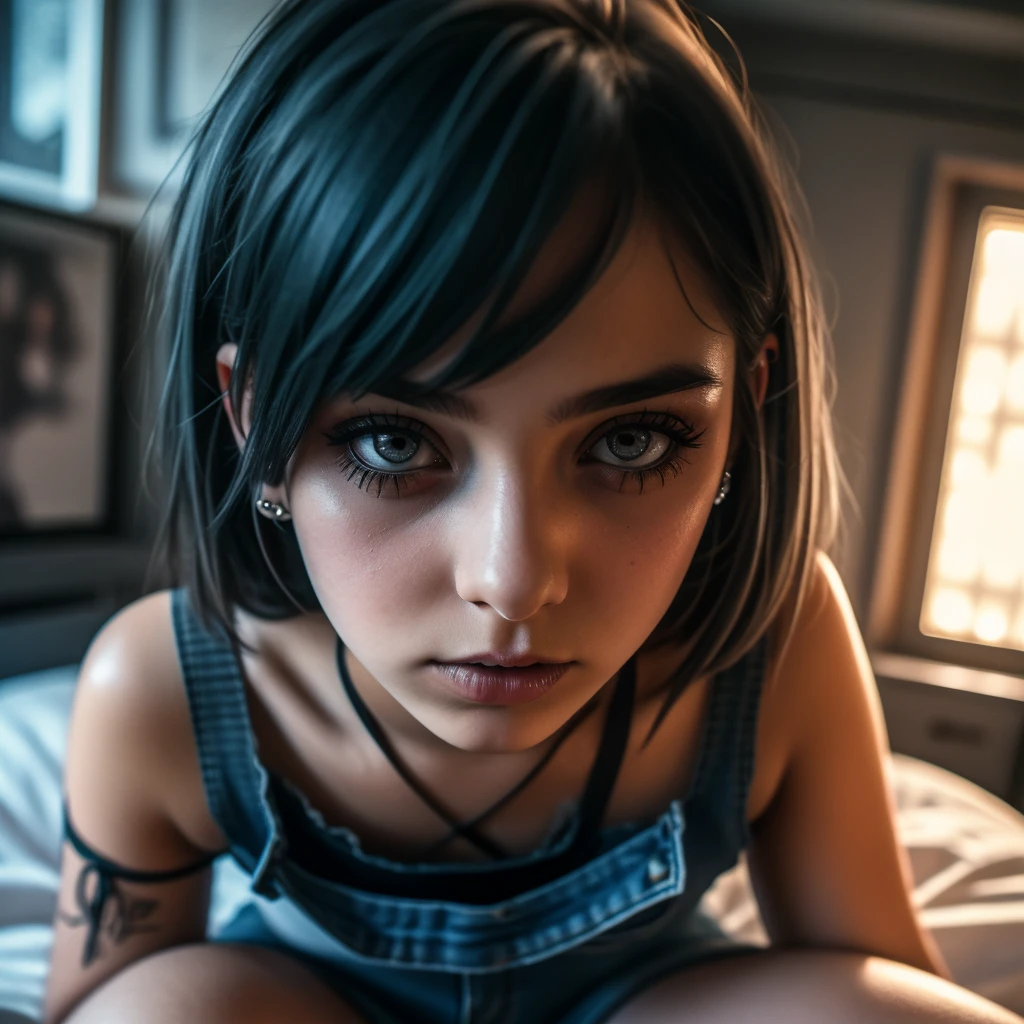 15 year old emo girl,tank top,black ripped jeans,sitting on bed,teenage boy's room,80's style furniture,detailed face,detailed eyes,detailed lips,long eyelashes,emotional expression,cinematic lighting,warm color tones,atmospheric,high quality,photorealistic,masterpiece,sfw