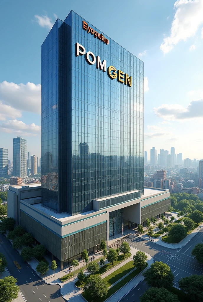 A big hospital near a city with logo POM GEN