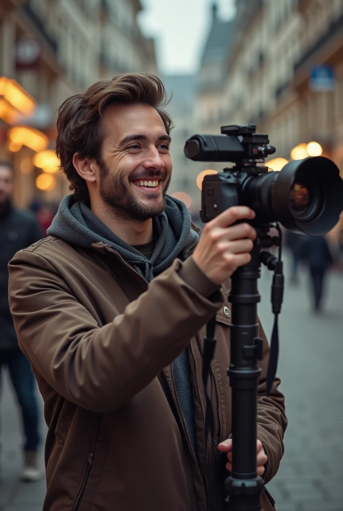 youtuber man with camera happy