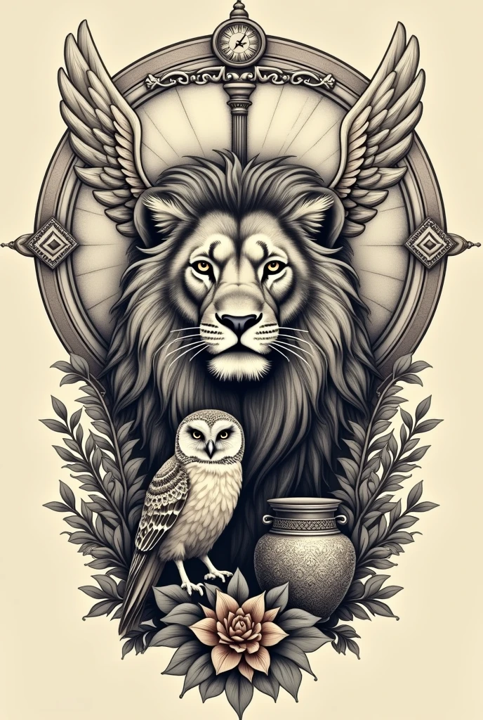 Tattoo of the 4 Stoic Virtues (courage, wisdom, justice and temperance), being represented by a lion, an owl, the symbol of justice and two jars symbolizing temperance 
