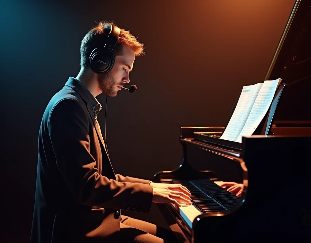 Create an image of a pianist playing the piano and wearing a headset
