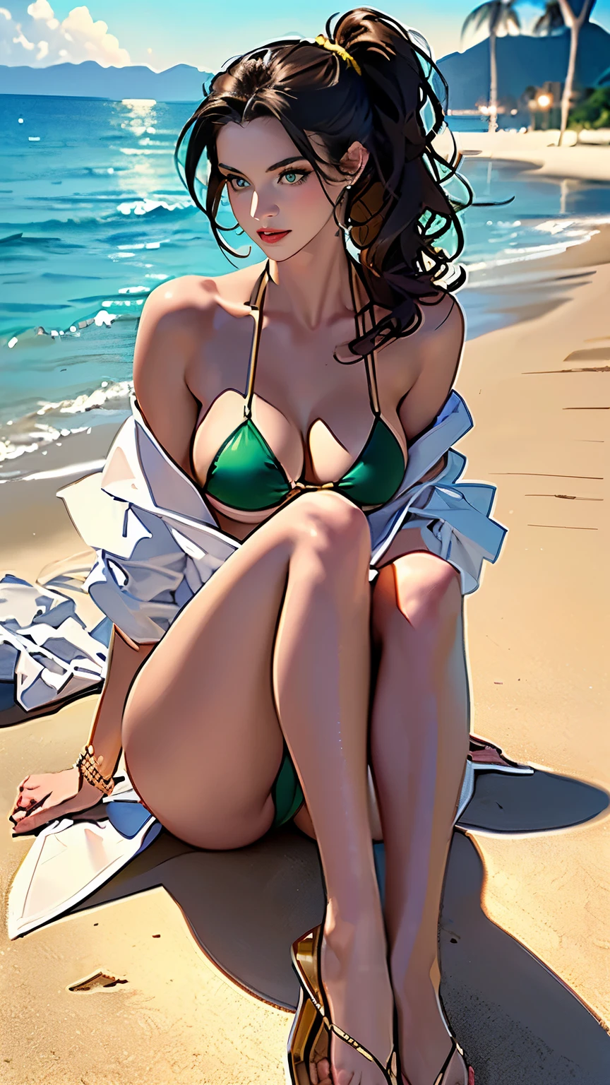 ((masterpiece, Best quality, a high resolution, ultra detailed),(beautiful and aesthetically pleasing:1.2), 1 woman, adult, perfect body, Wavy dark hair, green eyes, hair pulled back into a beautiful ponytail, Detailed eyes and face, long oversized shirt, swimsuit, bikini, golden hour, beach, sea, sand, Palma, complex parts, full body, beach flip flops