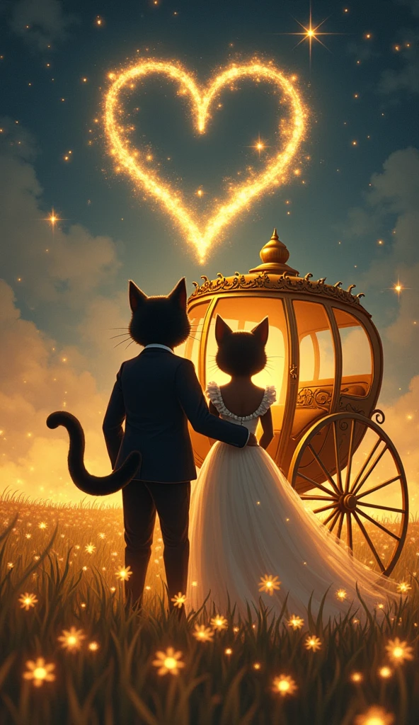 Scene 7: The Enchanted Carriage Ride
Title: A Bold Journey of Love
Description: The boy cat and the bold lady cat step into a golden carriage, their contrasting sizes creating a captivating and romantic visual. His protective arm wraps around her small but strong figure. As they ride through fields of glowing flowers, the stars above form a heart, symbolizing their deepening connection. The lady cat’s curvaceous figure, highlighted by her elegant gown, adds both strength and allure to the scene, making it enchanting and deeply romantic.