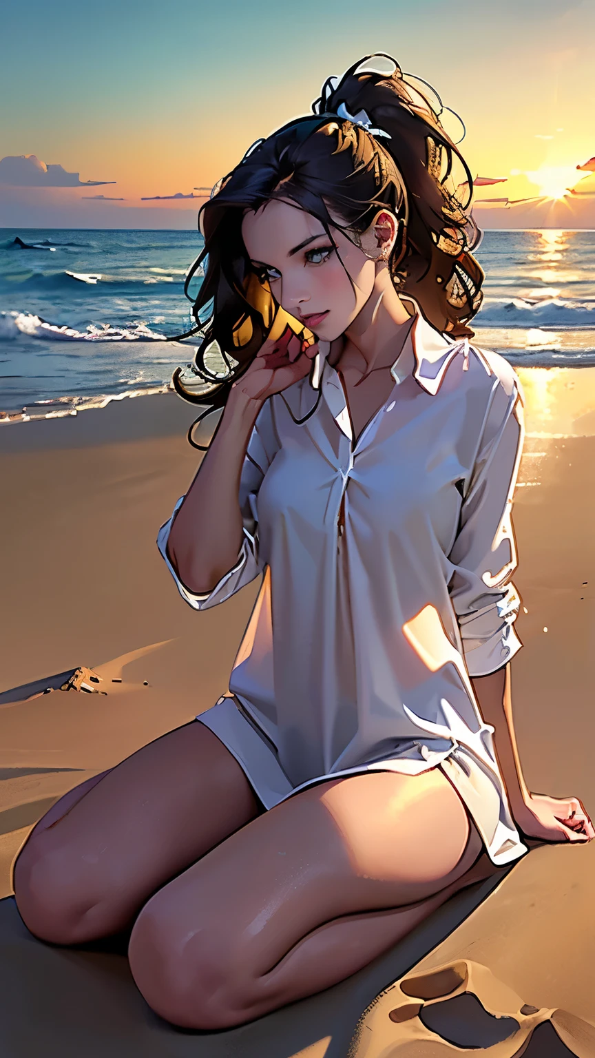 ((masterpiece, Best quality, a high resolution, ultra detailed),(beautiful and aesthetically pleasing:1.2), 1 woman, adult, perfect body, Wavy dark hair, green eyes, hair pulled back into a beautiful ponytail, Detailed eyes and face, long oversized shirt, swimsuit, bikini, golden hour, beach, sea, sand, Palma, complex parts, full body, beach flip flops