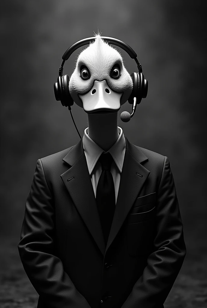 duck in business suit and headset without microphone, sparkle in eyes, black and white horror background with lots of details, with lots of details in the background, Horror Theme, dark, Terror