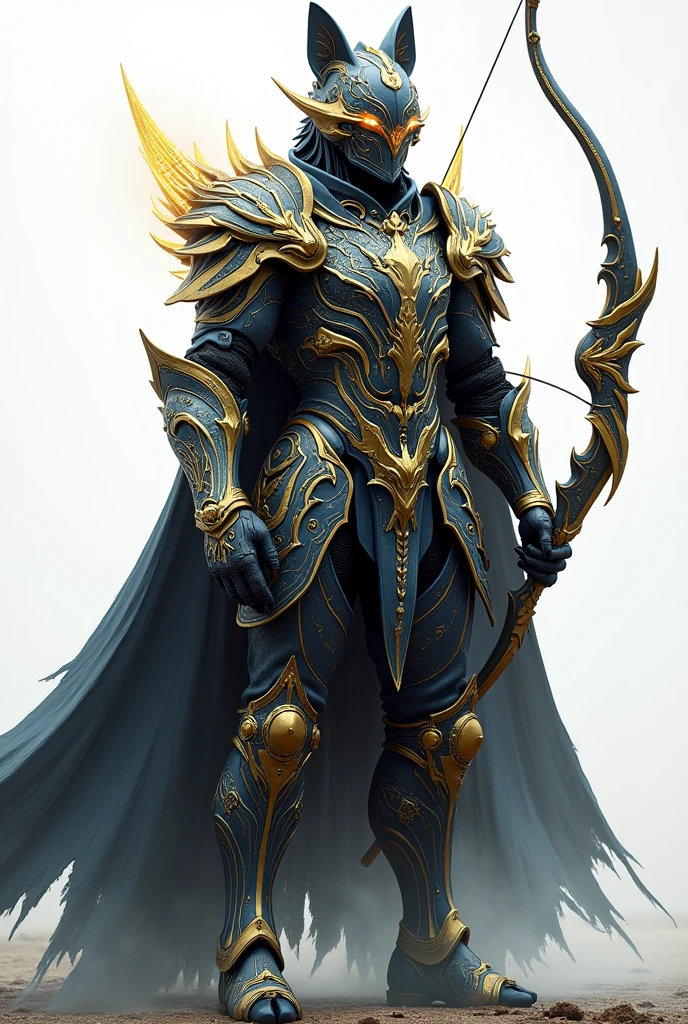 A metal armor, powered by magic, having a slender body, a helmet in the shape of a wolf's head adorned in gold, wielding a bow on a transparent background