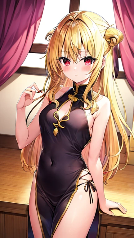 Konjiki no Yami (to love ru), cute, golden hair, red eyes, , slender, skimpy outfit, lewd pose, high quality, masterpiece