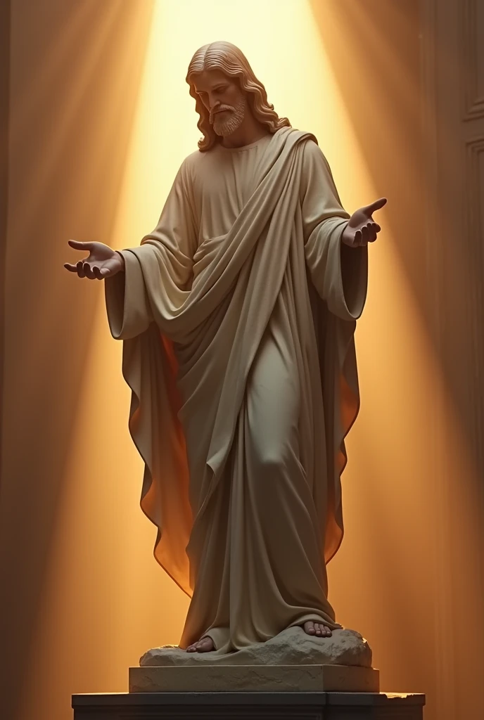 Create an image of Jesus, true reality, epic attention to detail, standing full body statue with holy light soft