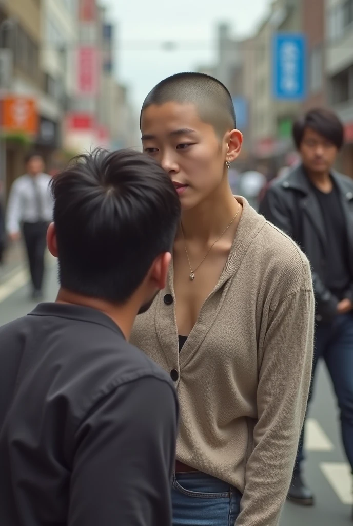 A young Japanese girl with a shaved pussy gets a big dick thrust into her pussy from behind in the street