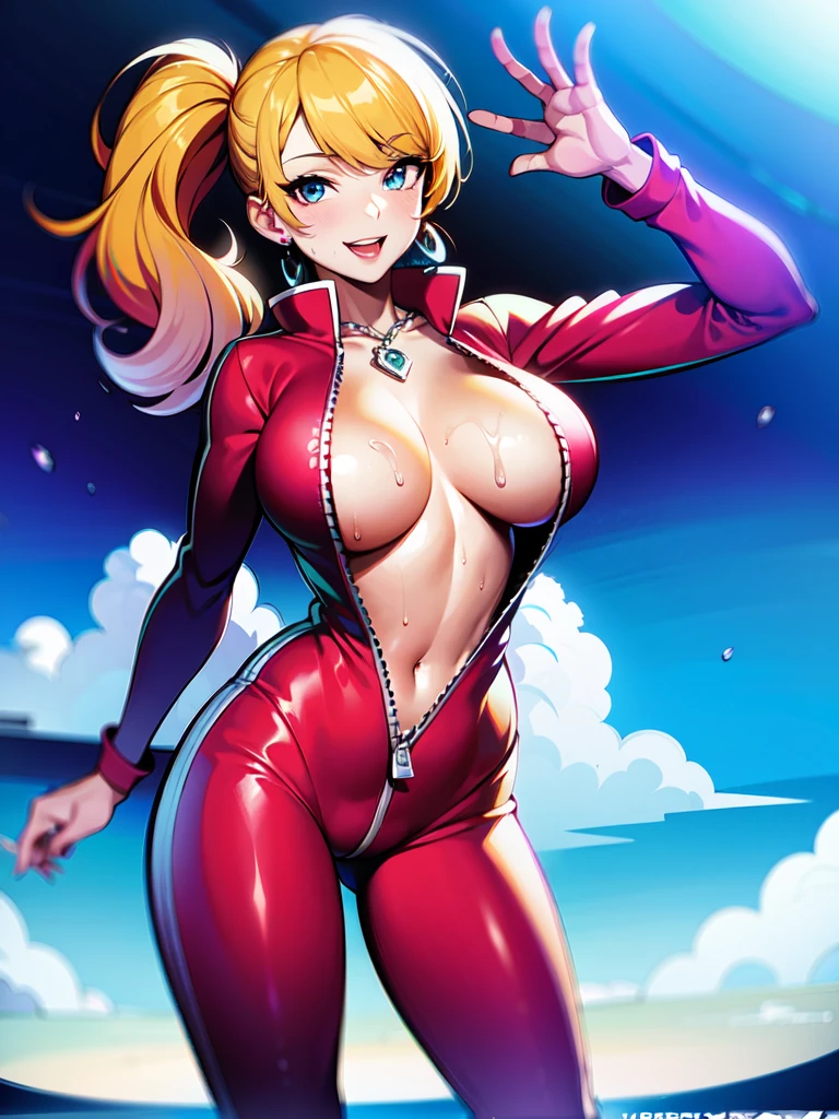 ((super high quality,Ultra-high resolution,4K,8k,super masterpiece,Ultra HD)),Sea in clear skies,Looking up from below,The blazing sun,One Girl,((Light pink glossy sweat suit,Naked in a sweatsuit,(Large collar,Open collar,Tight collar),Zipper opening from under the chin to under the navel,Fine zipper),Cleavage,sexly),Wavy blonde short hair,Short side ponytail,Wink,smile,soaked,Sweaty,Place one hand on hip,V-sign towards the camera,Lean forward diagonally,Leaning forward greatly,Pearl Earrings,Chain Necklace,