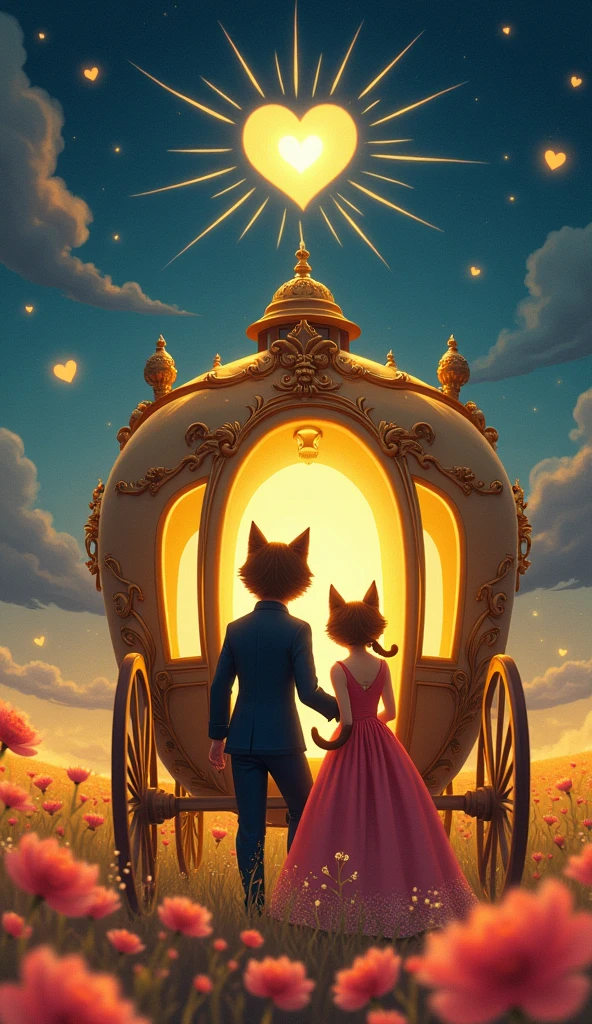 Scene 7: The Enchanted Carriage Ride
Title: A Bold Journey of Love
Description: The boy cat and the bold lady cat step into a golden carriage, their contrasting sizes creating a captivating and romantic visual. His protective arm wraps around her small but strong figure. As they ride through fields of glowing flowers, the stars above form a heart, symbolizing their deepening connection. The lady cat’s curvaceous figure, highlighted by her elegant gown, adds both strength and allure to the scene, making it enchanting and deeply romantic.