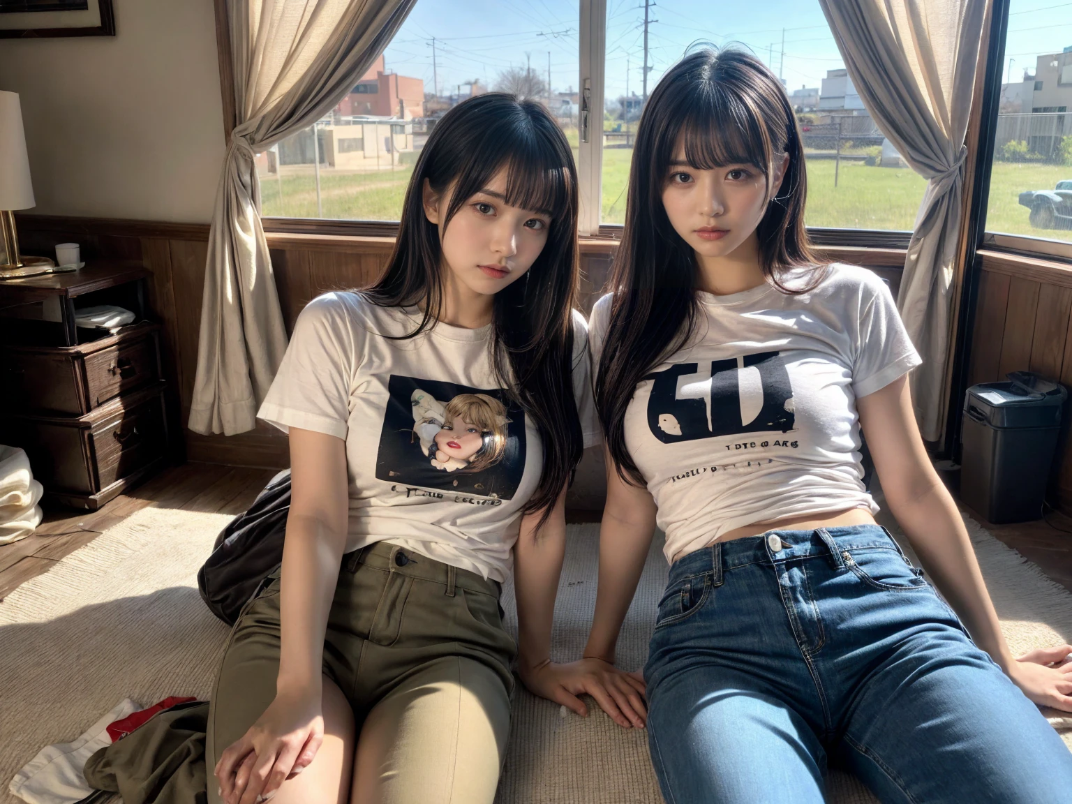 (Details High quality, realistic depiction of eyes:1.3), (2 girls), Tattered clothes, (The collapsed room), (Inside the barrack tent), (wearing a tattered and dirty t-shirt.:1.1), Wearing baggy pants, dirty body, (Messy long hair), black hair color, Big Natural Color Lip, crying a little、Harajuku style、20 year old girl、cute type、lolita, Gravure Idol, full body photo、focus on crotch, huge breasts