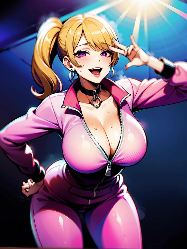 （（super high quality,Ultra-high resolution,4K,8k,super masterpiece,Ultra HD））,Sea in clear skies,Looking up from below,The blazing sun,One Girl,（（Light pink glossy sweat suit,Naked in a sweatsuit,（Large collar,Open collar,Tight collar）,Zipper opening from under the chin to under the navel,Fine zipper）,Cleavage,sexly）,Wavy blonde short hair,Short side ponytail,Wink,smile,soaked,Sweaty,Place one hand on hip,V-sign towards the camera,Lean forward diagonally,Leaning forward greatly,Pearl Earrings,Chain Necklace,