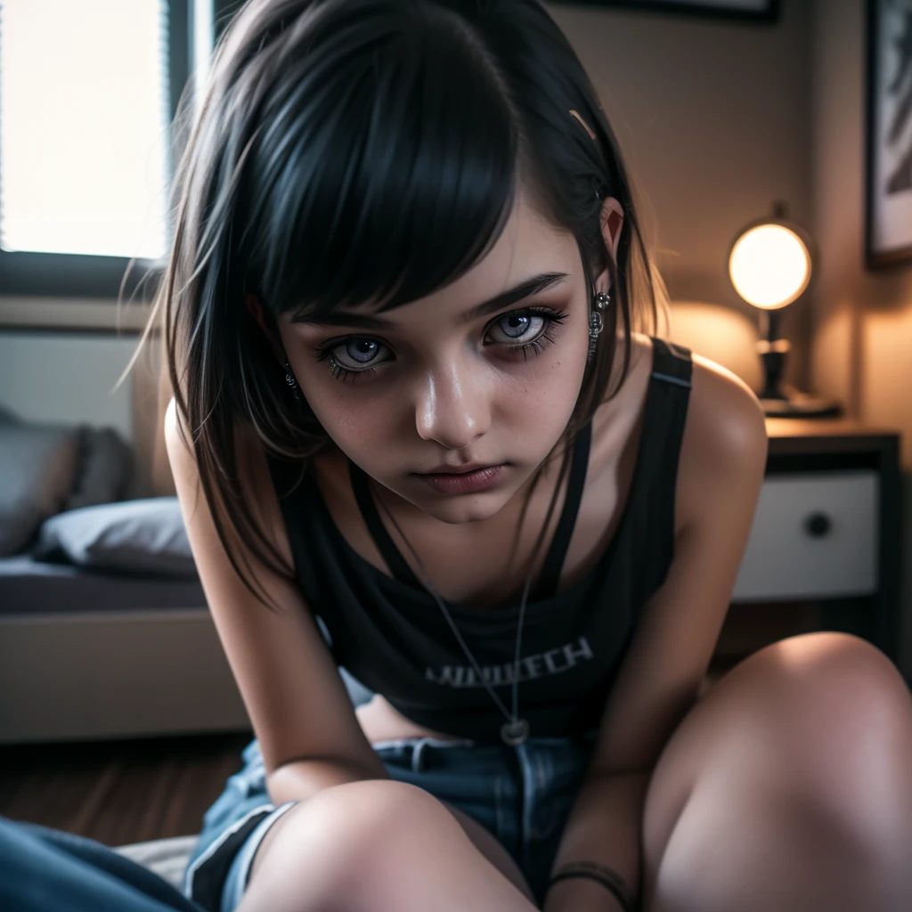 15 year old emo girl,tank top,black ripped jeans,sitting on bed,teenage boy's room,80's style furniture,detailed face,detailed eyes,detailed lips,long eyelashes,emotional expression,cinematic lighting,warm color tones,atmospheric,high quality,photorealistic,masterpiece,sfw,full body