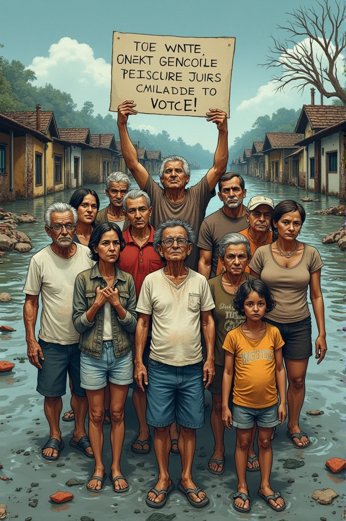 Create a reinterpretation of the cartoon, "We want to vote" from Henfil 1978, as handmade, addressing the issue of the tragedy that occurred in Rio Grande do Sul caused by the flood 