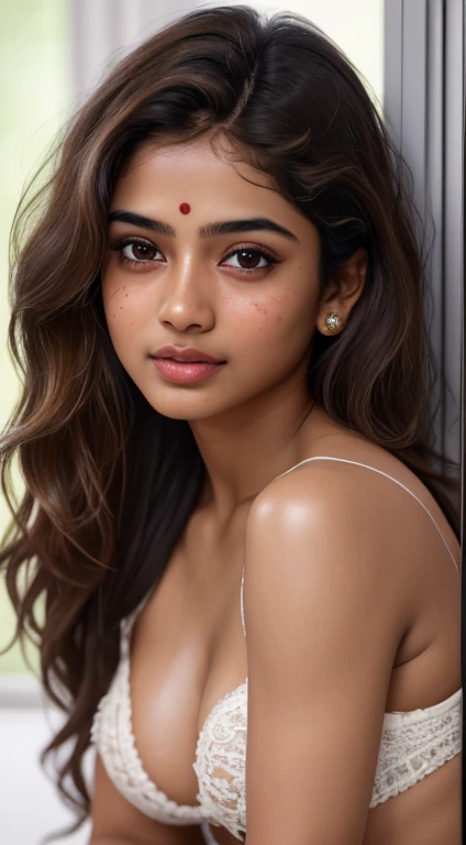 Full face portrait photo of 18-year old cute indian nude girl, RAW, beautiful woman, semi-open strawberry lip, dimples, cute expression, (brown hair with extra long wavy), ((detailed face)), ((detailed facial features)), (fine detailed brown skin), pale skin, village environment, (cool color), moist, damp, reflection, (masterpieceShot with Canon EOS R5 (detail) (Realistic photos) (Detailed details) 50mm lens, f/2.8, HDR, (8k) (wallpaper) (cinematic lighting) (dramatic lighting) (sharp focus) (complex), RAW photography, RAW photography, gigachad photography, camera pose, hairy pussy and armpits, 8k uhd, dslr, high quality, Grain Film, Fujifilm XT3, Film Stock Photo 4 Kodak Portra 400 Camera F1.6 Lens Rich colors Ultra-realistic textures Dramatic lighting Unreal Engine Art Station Trends Cinestill 800 Tungsten, sexy Style, Ultra Focus Face, Intimidating, Fighting Position, Short Messy Hair, Muscles, Bursting Veins, Beads, (( revealing thighs, cleavage))