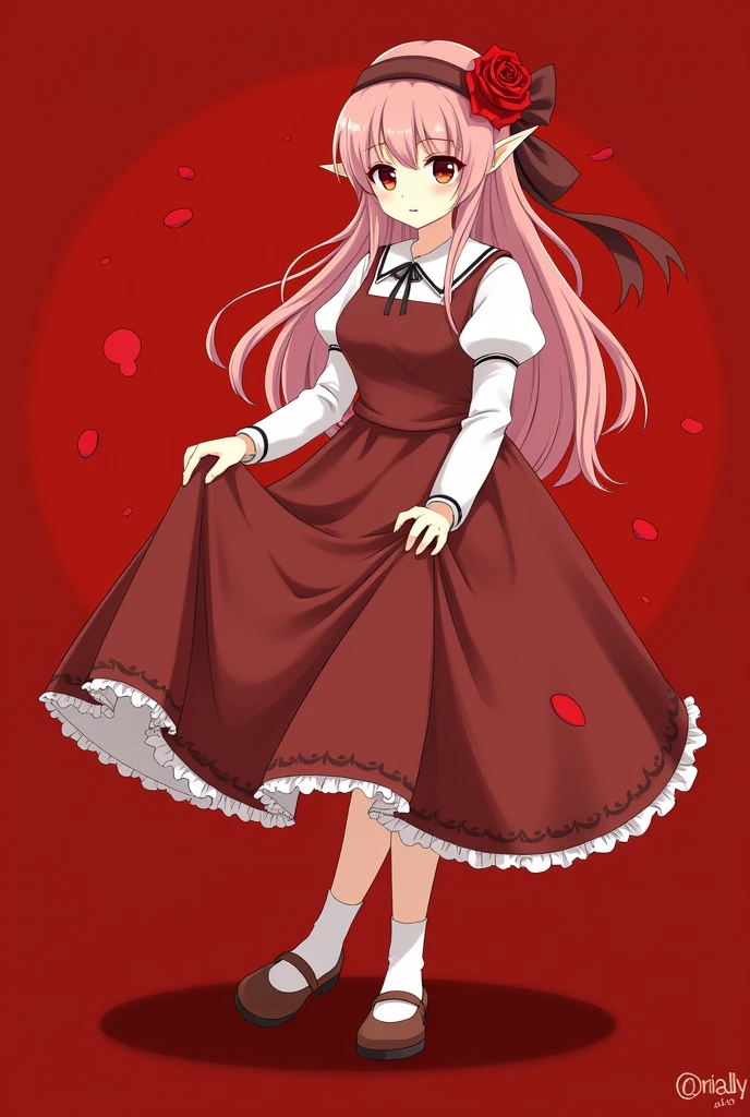 2d, girl , elf, hair rose, withe dress, background red