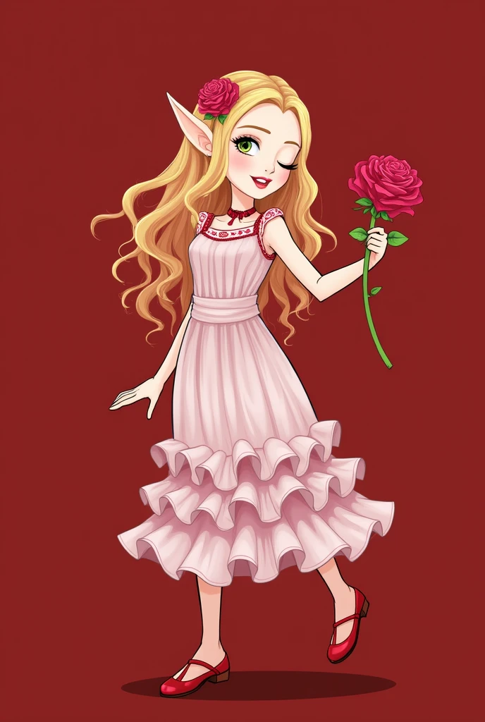 2d, girl , elf, hair rose, withe dress, background red