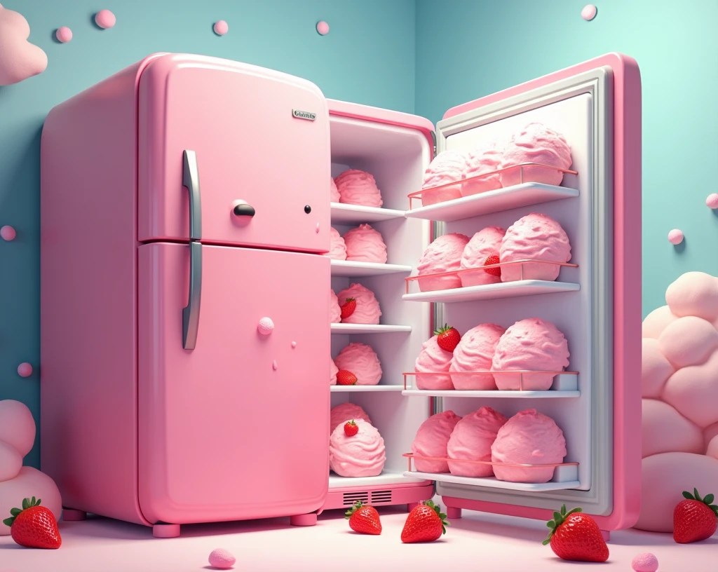 Generates an animated fridge full of strawberry ice cream
