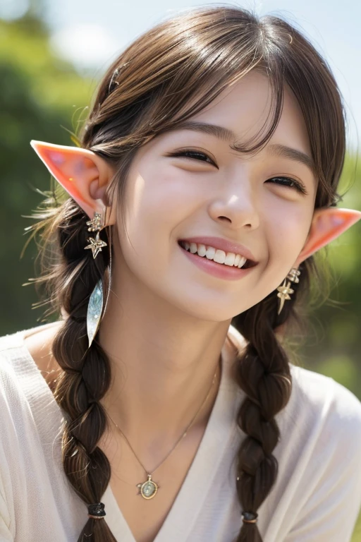 ((Highest quality)), ((masterpiece)), (photo realistic:1.55), (detailed), One Japanese Girl, Facing forward, Japanese, young girl, , Sunburned skin, Realistic texture, realistic skin, flat chest, Lift your chest, puffy face, (broad jawline:1.5), Light Brown Hair, short hair, Bobcut, (Messy Hair:1.2), (((Elf))), Thin eyebrows, no makeup, , T shirts, twin braids, drop earrings, leather necklace, hair ornaments, (((laugh out loud)))