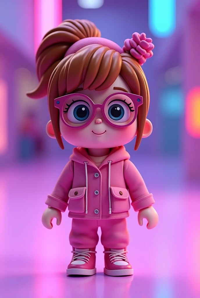 Roblox doll, purple backdrop, glasses on pink face, pink outfit, chestnut hair