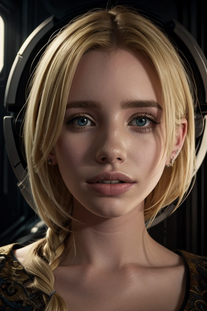 ((blonde Emma Roberts:1.2), alien attached to her face, scary spaceship interior, realistic, cinematic, 8k, high quality, hyper detailed, intricate, photorealistic, dramatic lighting, moody atmosphere, intricate textures, epic scale, masterpiece)