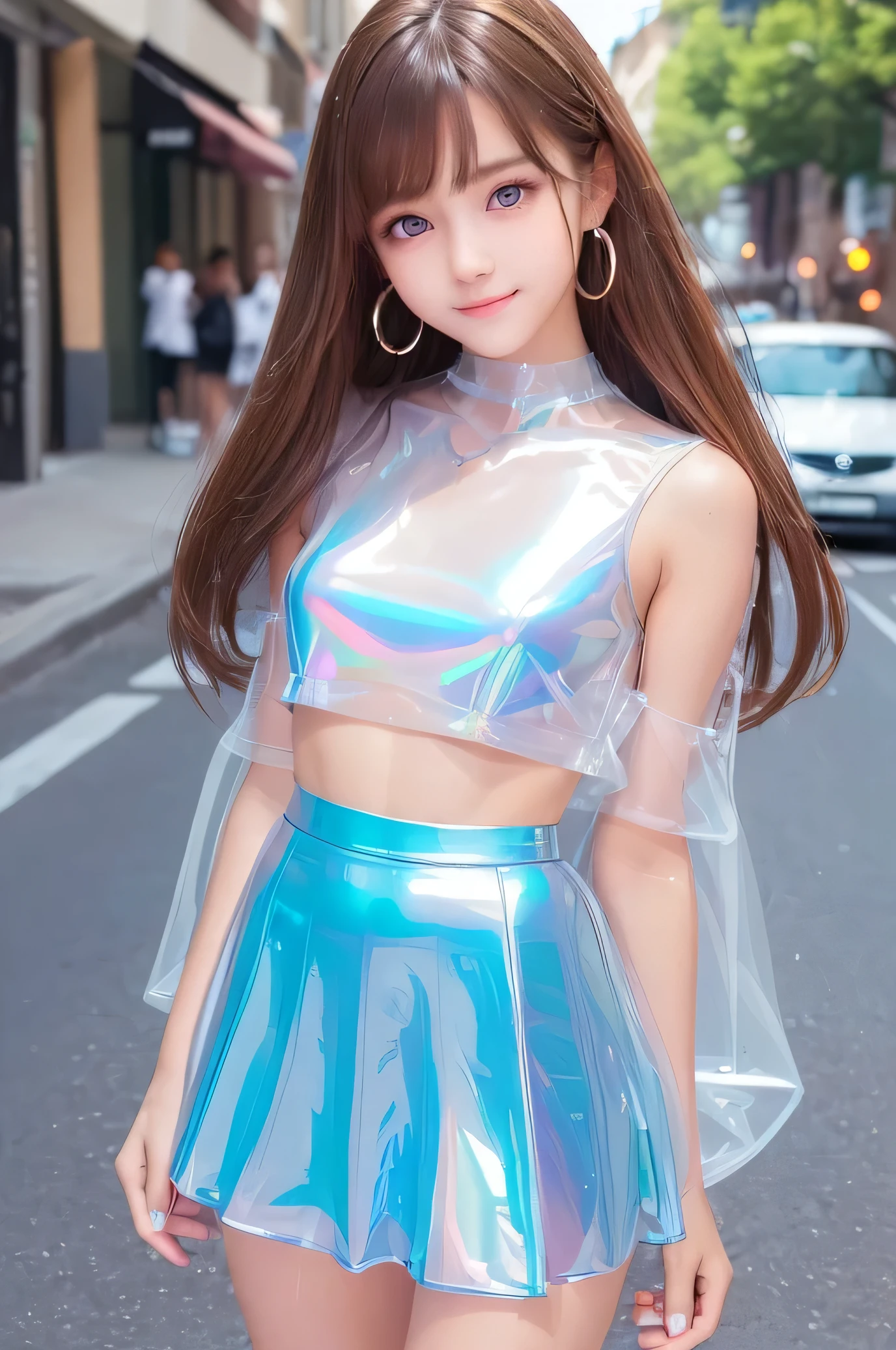 (super nice cute face:1.2),(Very beautiful cute girl),,(beautiful clear Eyes with a  radiance:1.2), Beautiful detailed eyes, Detailed double eyelids, (smiling), (realistic photograph:1.1), long straight brown hair, (Super Shiny white transparent holographic flare mini Skirt:1.1), (Super shiny blue latex fashionable summer tops:1.1),in the street ,panty 