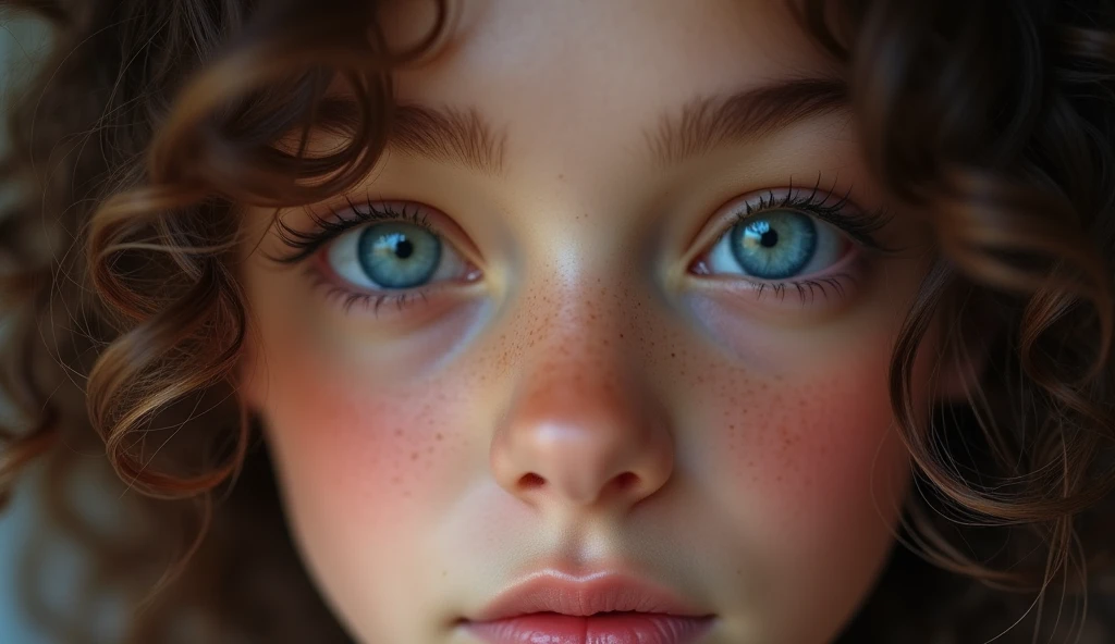 1girl ,big eyes, small nose and small chin, thick lips, 20 years old, blue eyes, curly hair .closeup, Top Quality, Masterpiece, 1 Girl, Beautiful Face, (Photorealistic Photos:1.3), Rim Lighting, (High Detail Skin:1.2), 8K UHD, DSLR, High Quality, High Definition, 4K, 8K, Bokeh, (Real: 1.3). stunning women