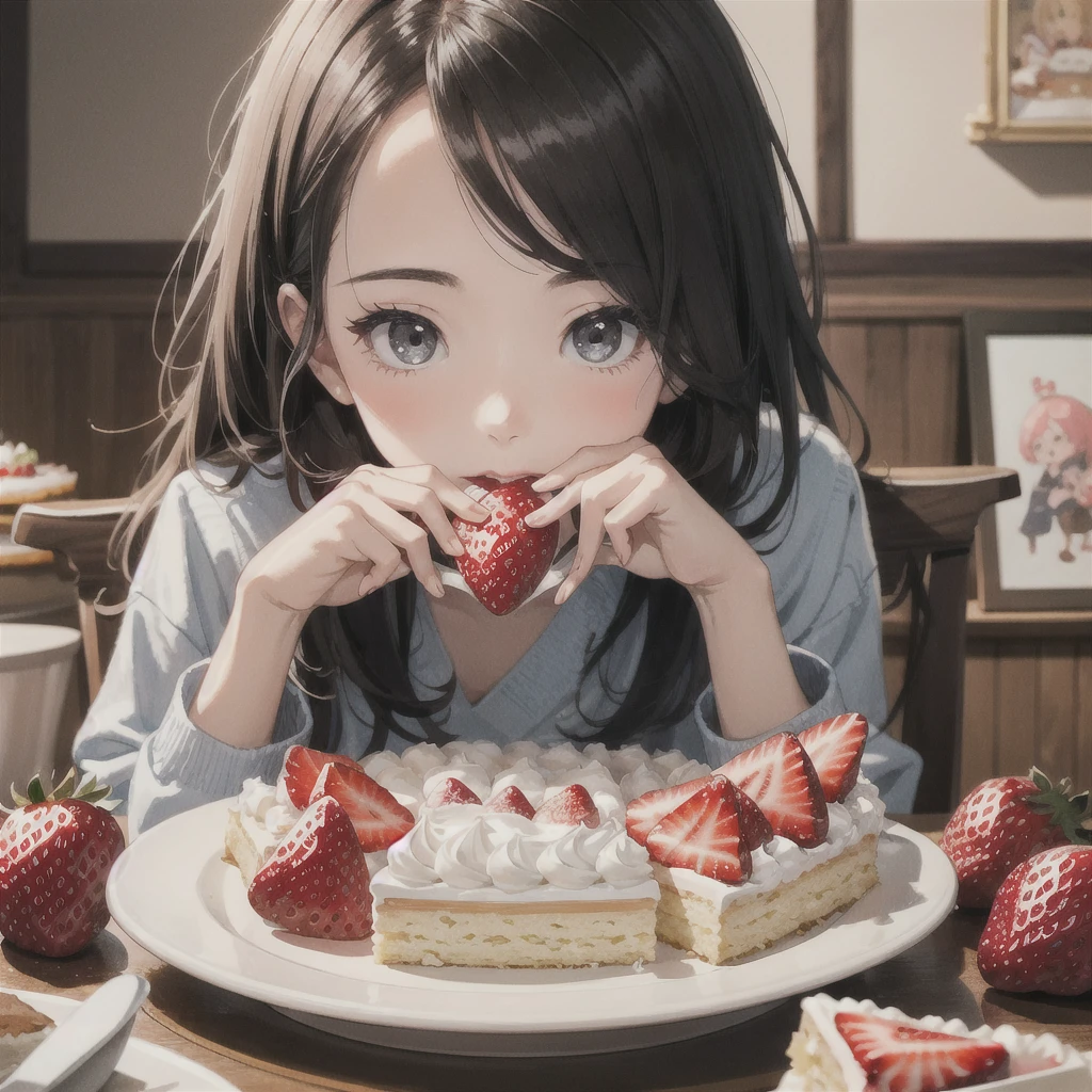 A picture of a girl eating a cake with strawberries, artwork in the style of Gweitz, by Hikari Shimoda, inspired by Hikari Shimoda, Gweitz on artstation pixiv, Gweitz on pixiv artstation, Gweitz, Gweitz masterpiece, Beeple and Jeremiah Kettner, Eat cake, By Chen Yanjun
