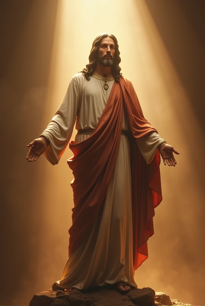 Create an image of Jesus, true reality, epic attention to detail, standing full body statue with holy light soft
